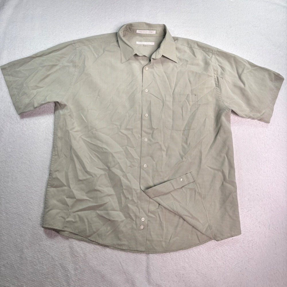 Perry Ellis Button Front Shirt XL Green Micro Check Casual Dress Shirt